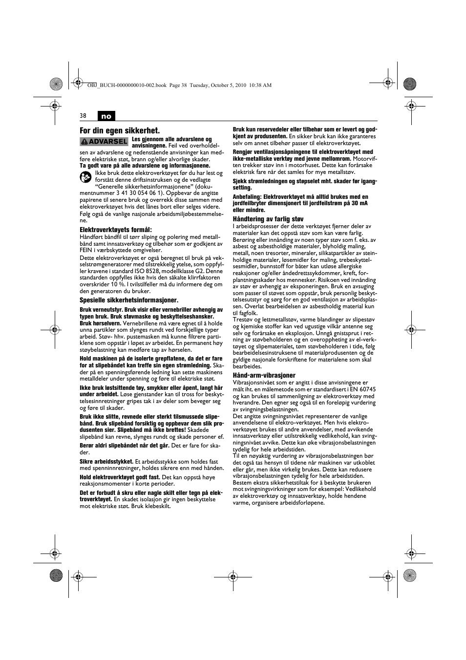 No for din egen sikkerhet | Fein BF 10-280E User Manual | Page 38 / 109