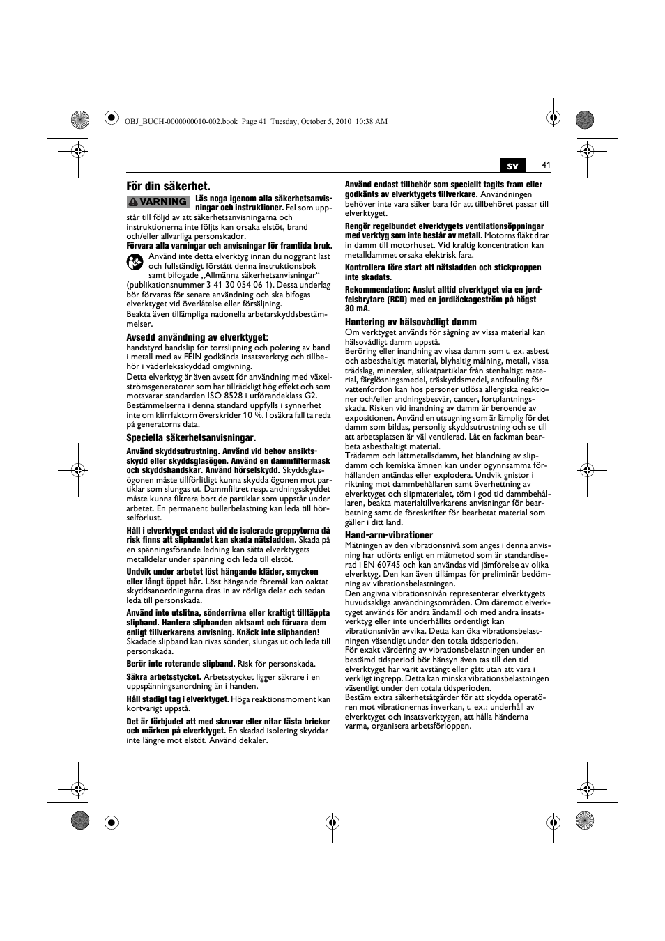 Sv för din säkerhet | Fein BF 10-280E User Manual | Page 41 / 109