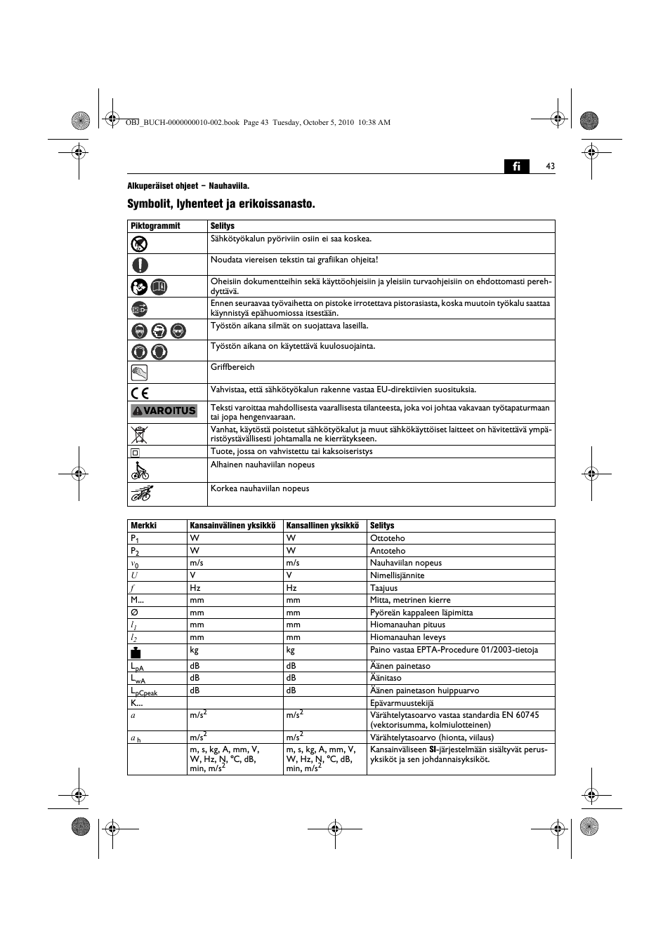 Symbolit, lyhenteet ja erikoissanasto | Fein BF 10-280E User Manual | Page 43 / 109