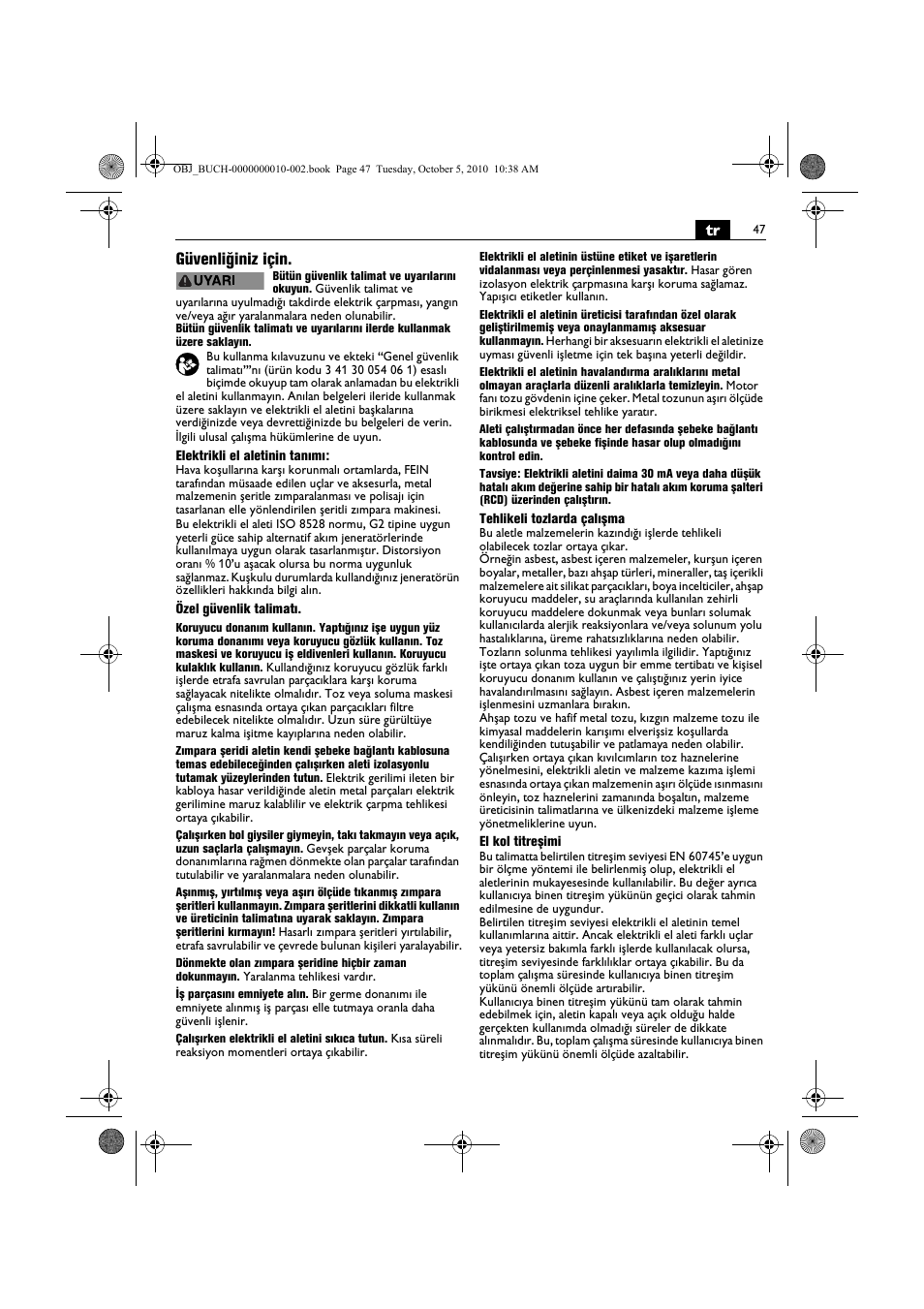 Tr güvenliğiniz için | Fein BF 10-280E User Manual | Page 47 / 109