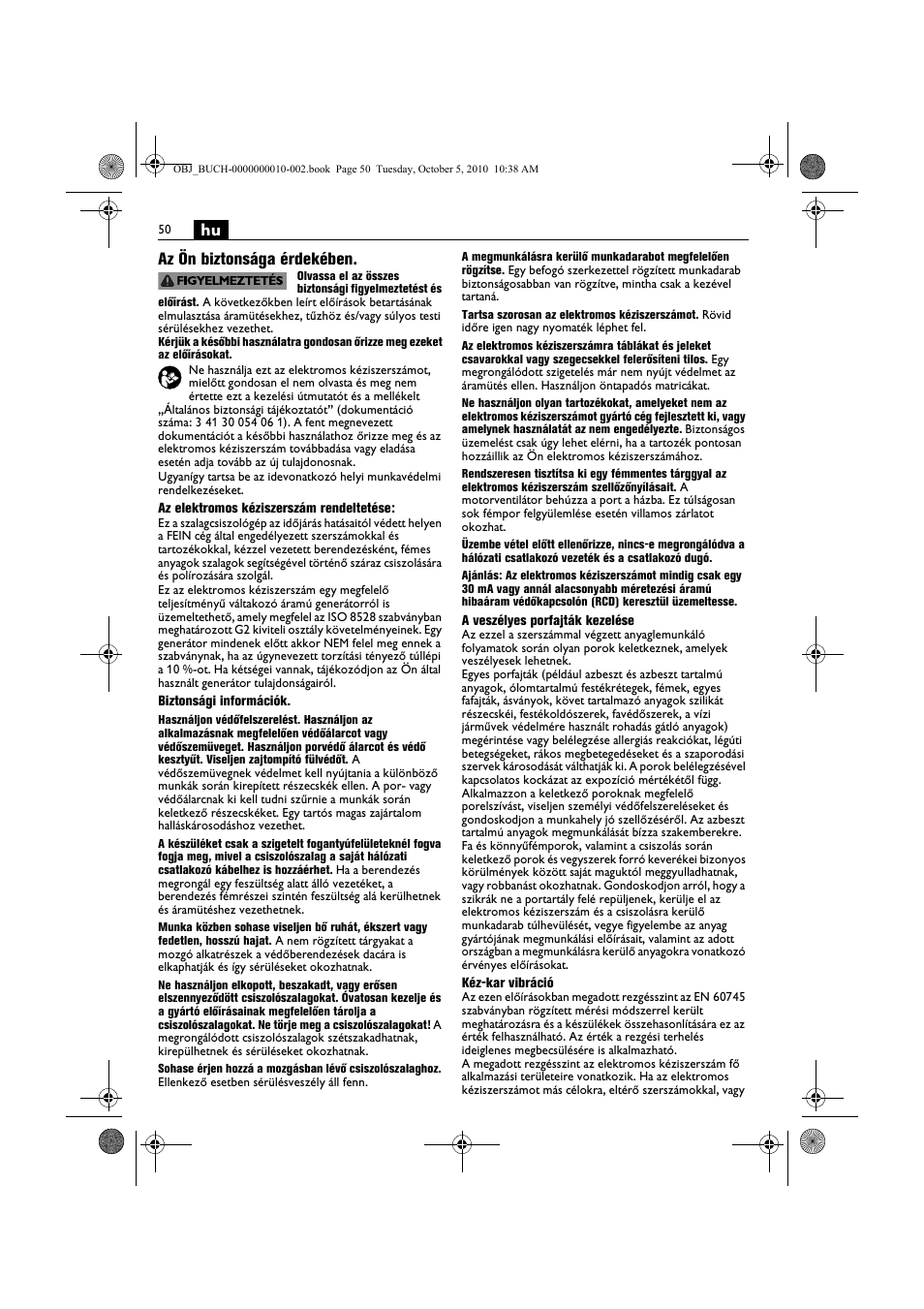 Hu az ön biztonsága érdekében | Fein BF 10-280E User Manual | Page 50 / 109