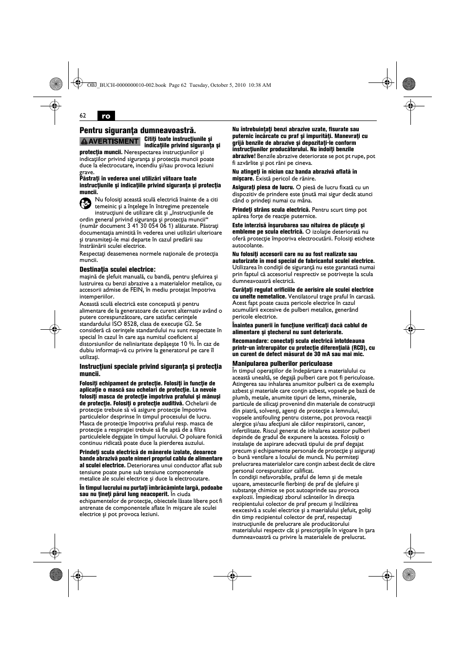 Ro pentru siguranţa dumneavoastră | Fein BF 10-280E User Manual | Page 62 / 109