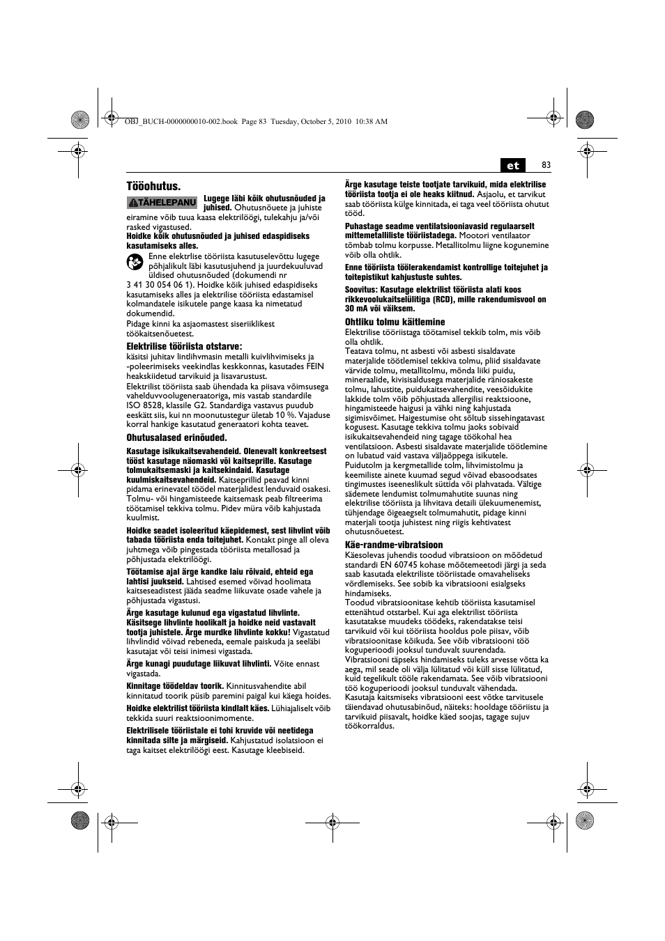 Et tööohutus | Fein BF 10-280E User Manual | Page 83 / 109