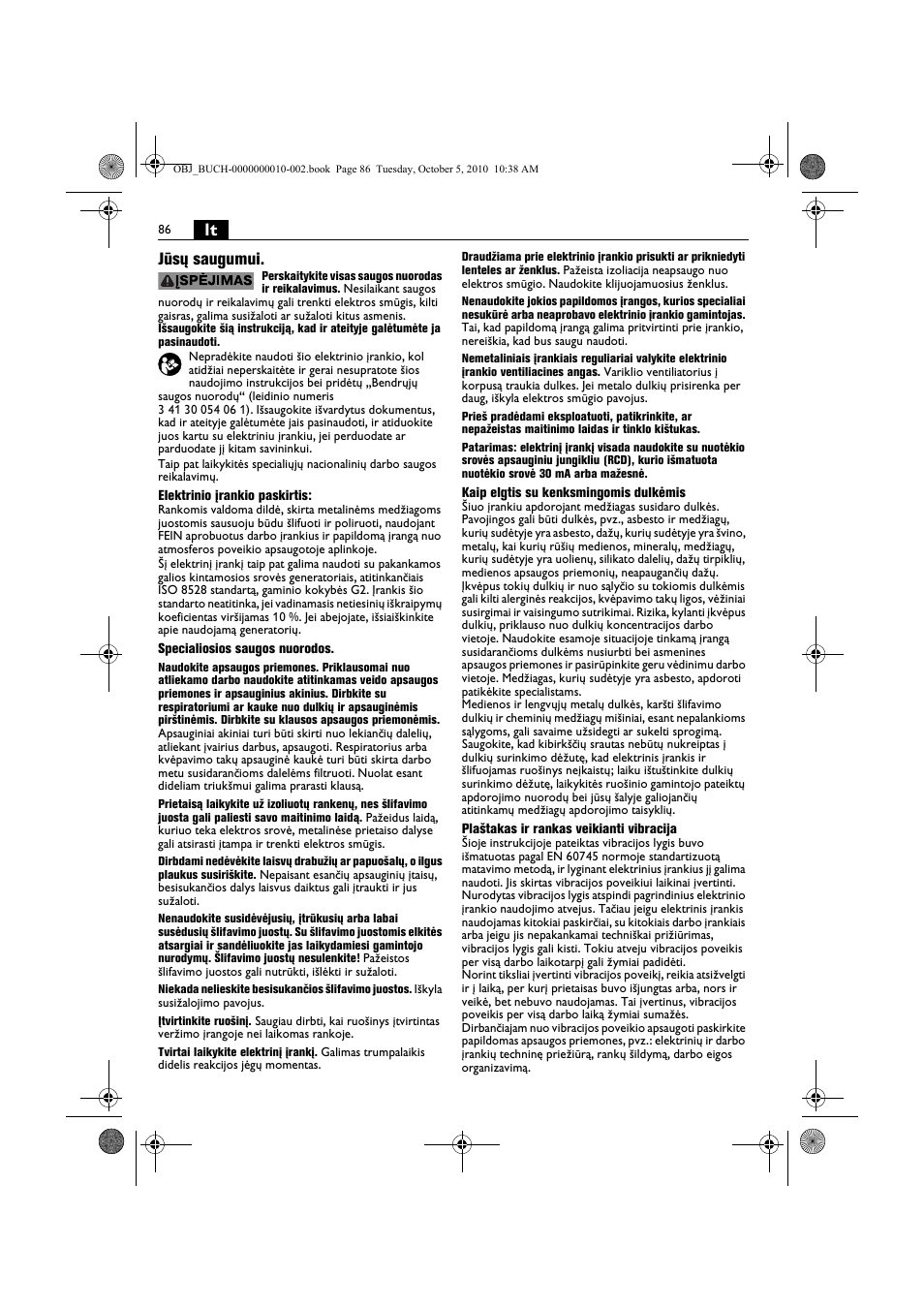 Lt jūsų saugumui | Fein BF 10-280E User Manual | Page 86 / 109