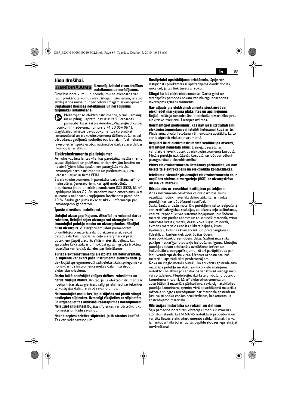 Lv jūsu drošībai | Fein BF 10-280E User Manual | Page 89 / 109