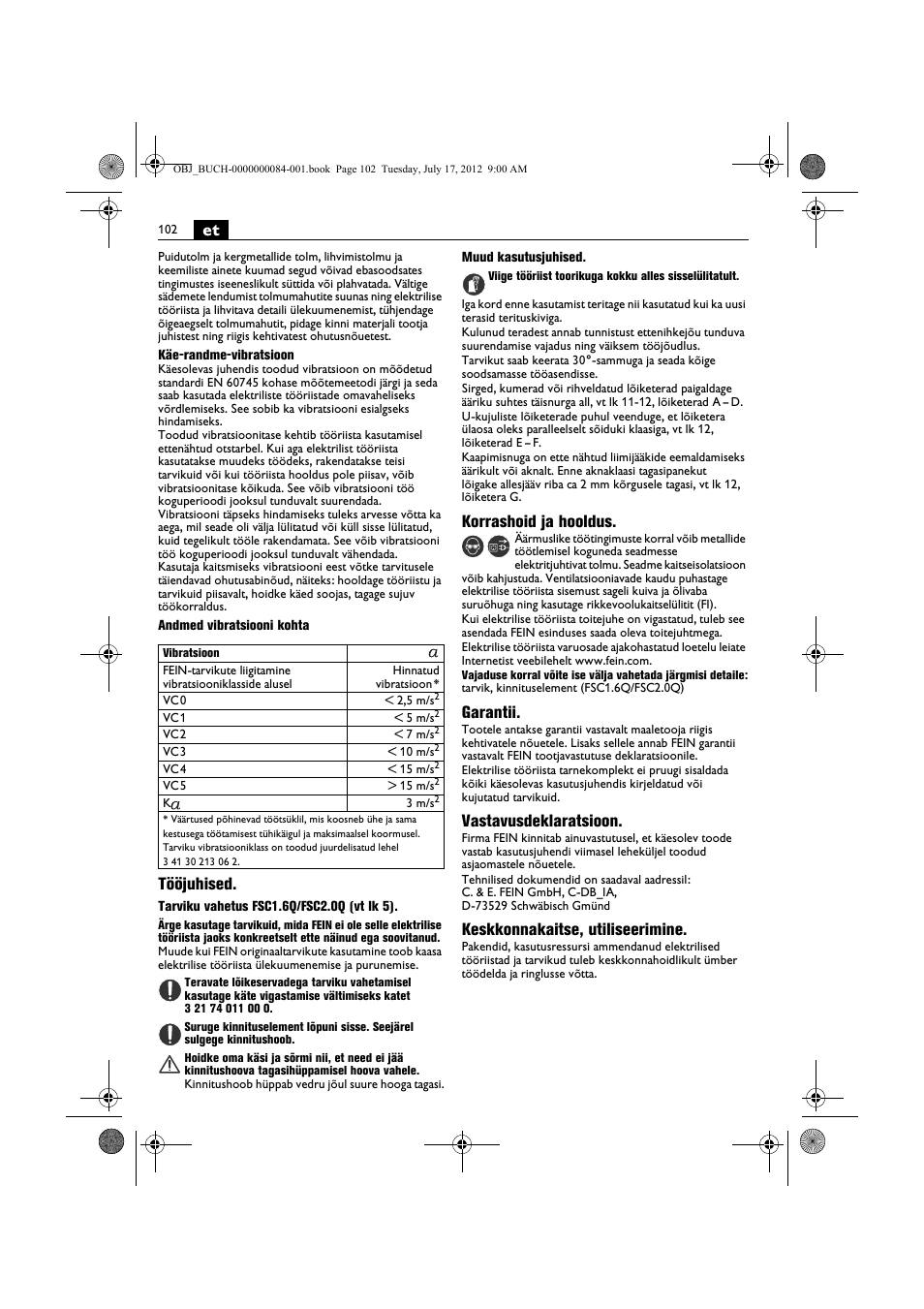 Tööjuhised, Korrashoid ja hooldus, Garantii | Vastavusdeklaratsioon, Keskkonnakaitse, utiliseerimine | Fein FSC 1.6 User Manual | Page 102 / 134