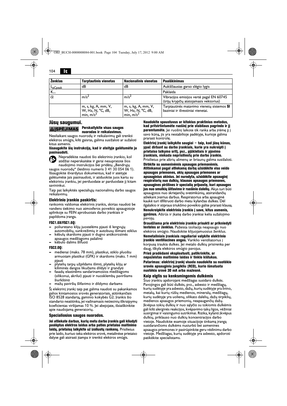 Lt jūsų saugumui | Fein FSC 1.6 User Manual | Page 104 / 134