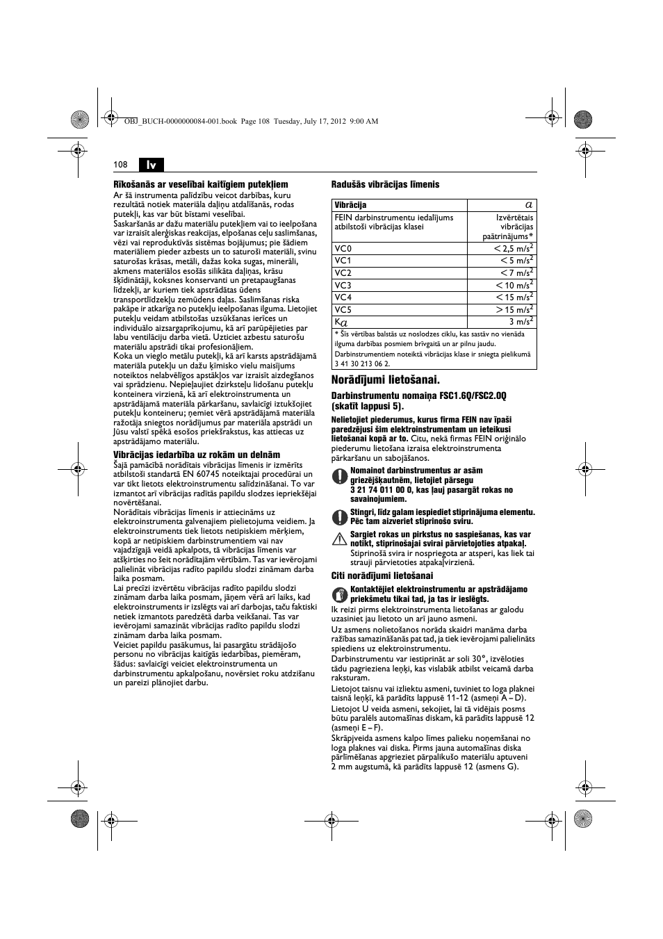 Norādījumi lietošanai | Fein FSC 1.6 User Manual | Page 108 / 134