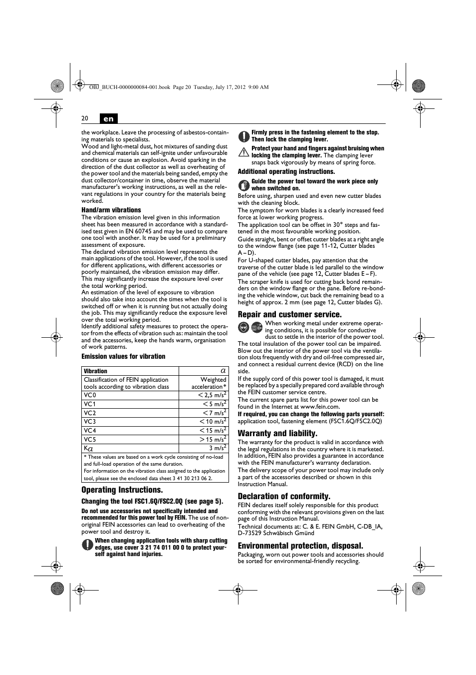 Operating instructions, Repair and customer service, Warranty and liability | Declaration of conformity, Environmental protection, disposal | Fein FSC 1.6 User Manual | Page 20 / 134