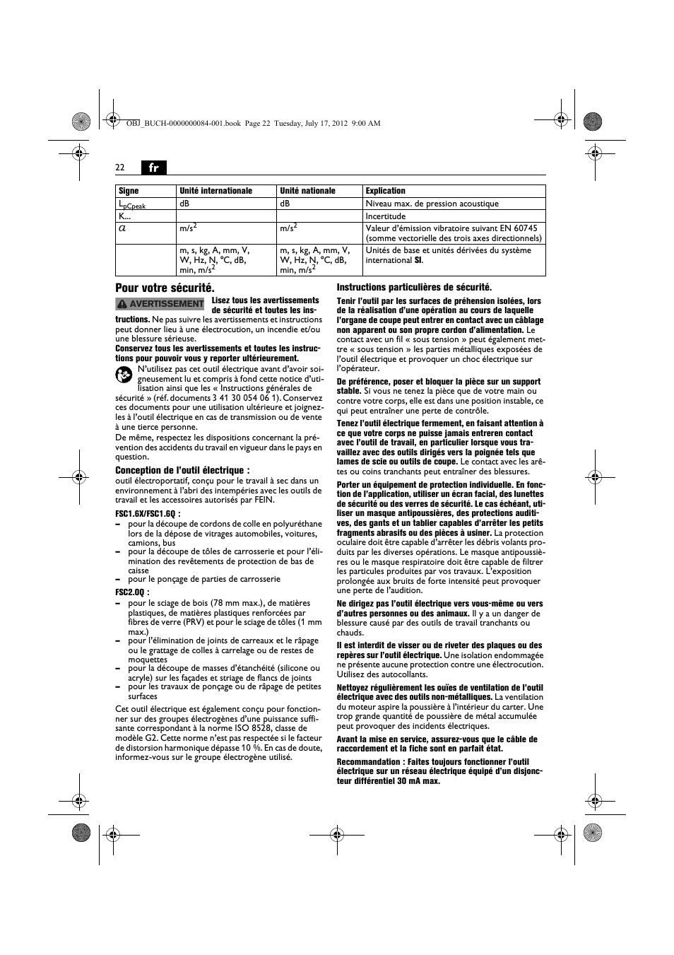 Fr pour votre sécurité | Fein FSC 1.6 User Manual | Page 22 / 134