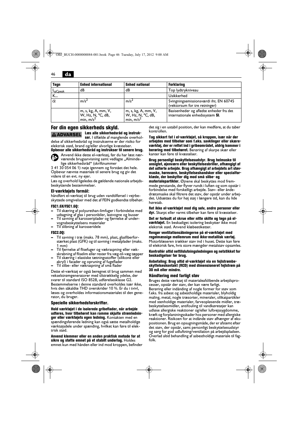 Da for din egen sikkerheds skyld | Fein FSC 1.6 User Manual | Page 46 / 134