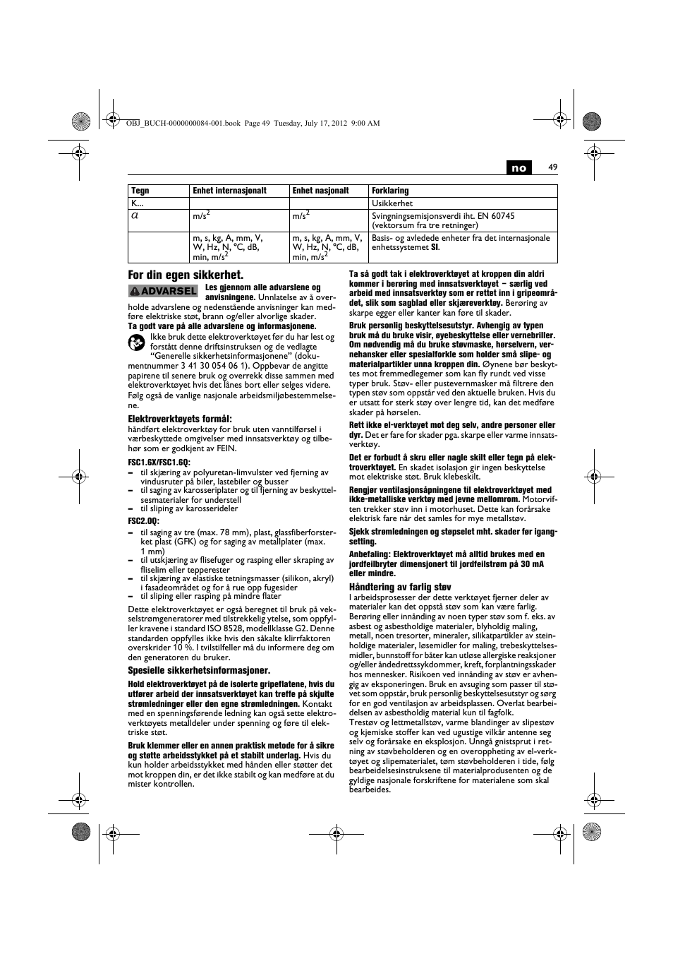 No for din egen sikkerhet | Fein FSC 1.6 User Manual | Page 49 / 134