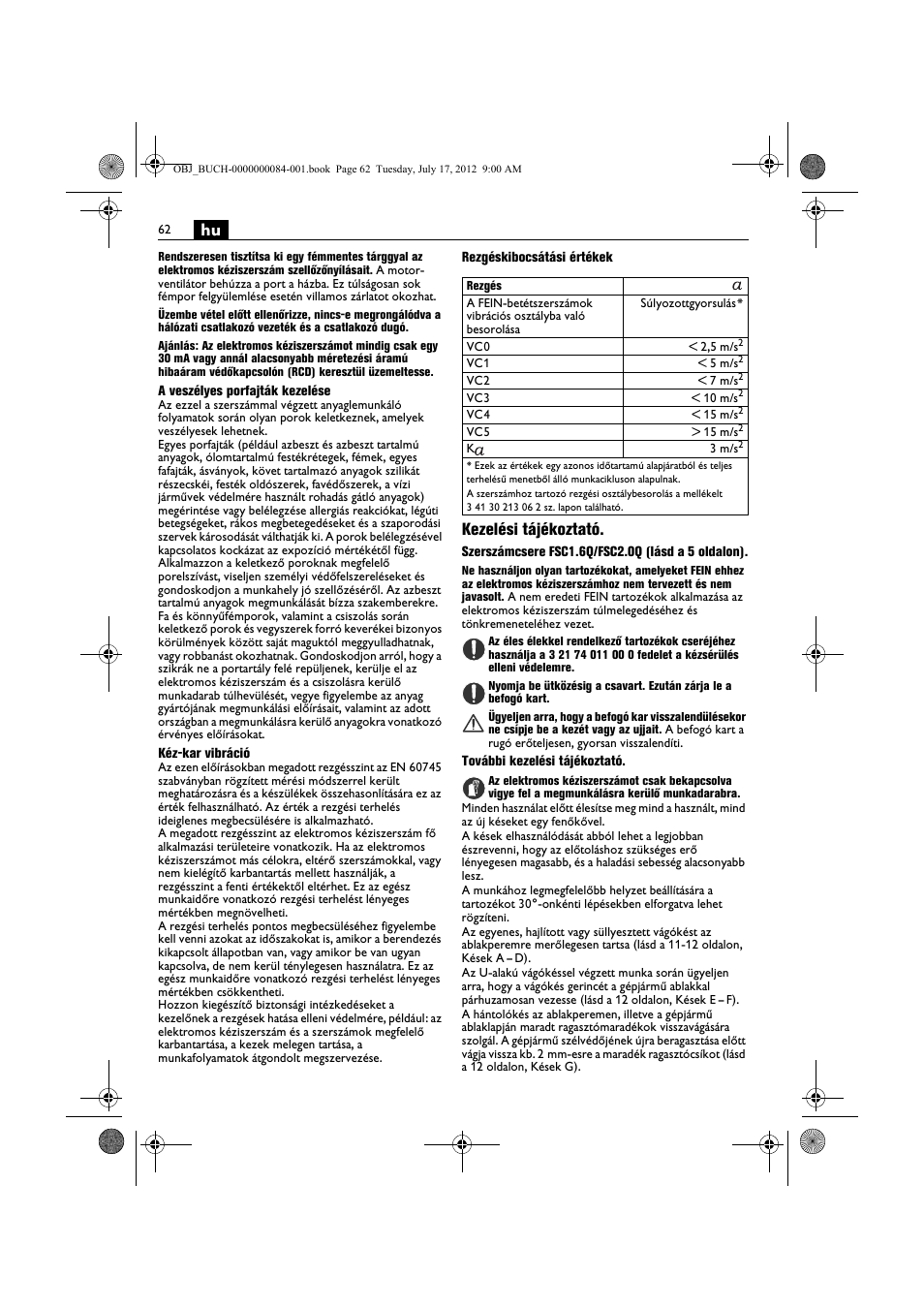 Kezelési tájékoztató | Fein FSC 1.6 User Manual | Page 62 / 134