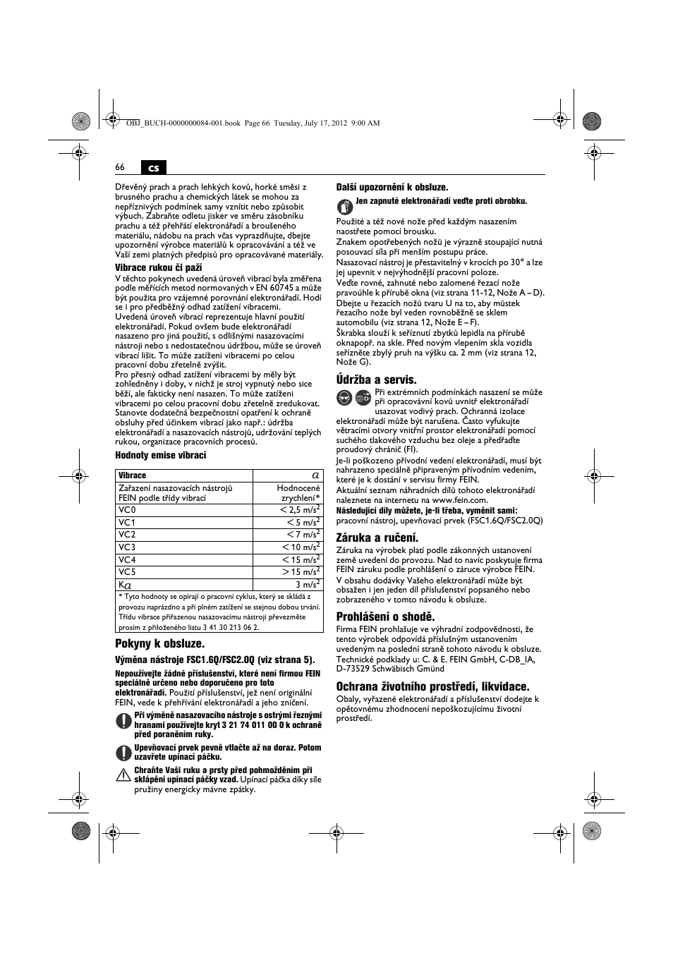 Pokyny k obsluze, Údržba a servis, Záruka a ručení | Prohlášení o shodě, Ochrana životního prostředí, likvidace | Fein FSC 1.6 User Manual | Page 66 / 134