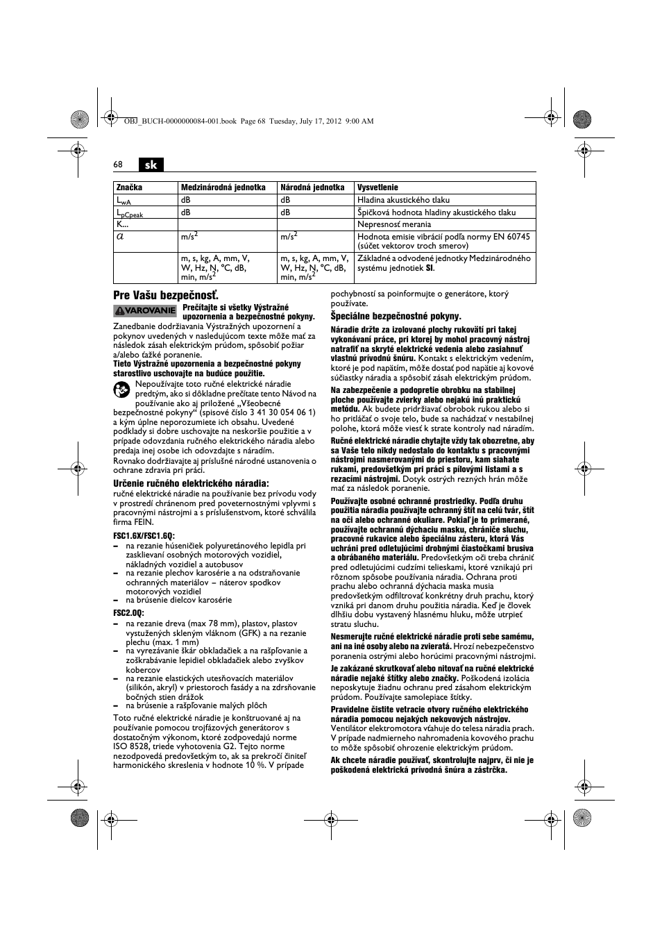 Sk pre vašu bezpečnosť | Fein FSC 1.6 User Manual | Page 68 / 134