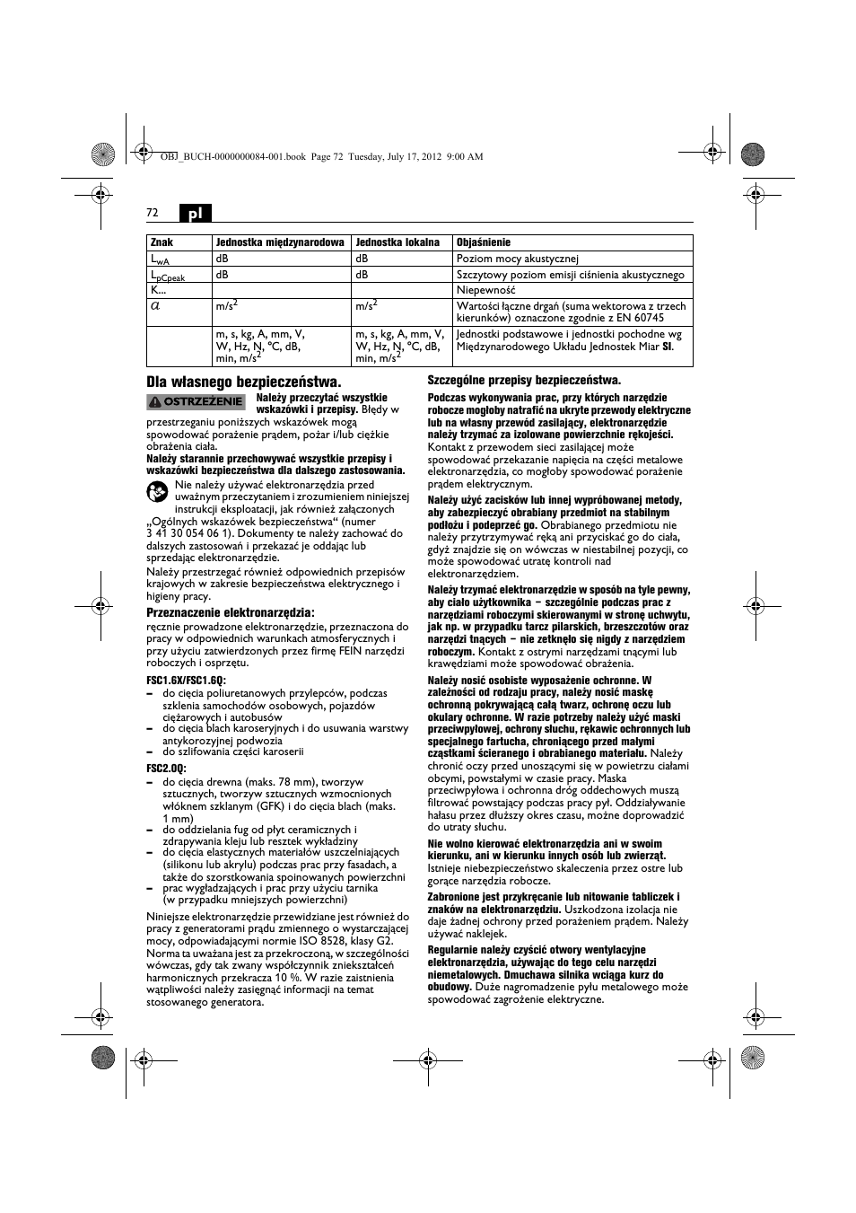 Pl dla własnego bezpieczeństwa | Fein FSC 1.6 User Manual | Page 72 / 134