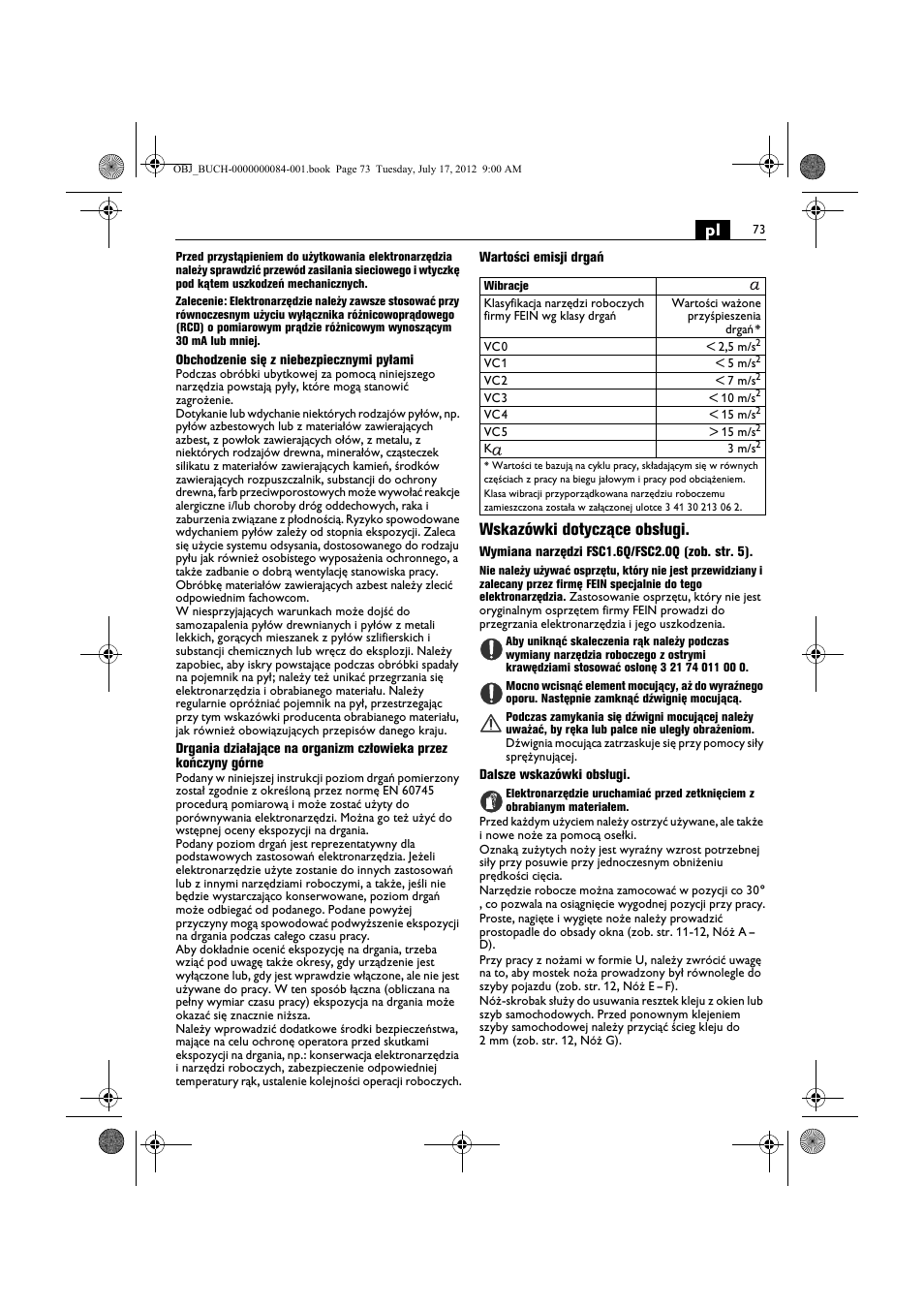 Wskazówki dotyczące obsługi | Fein FSC 1.6 User Manual | Page 73 / 134