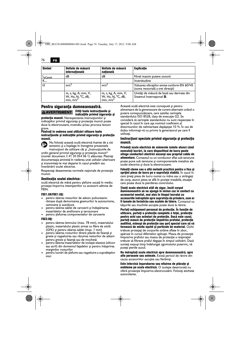 Ro pentru siguranţa dumneavoastră | Fein FSC 1.6 User Manual | Page 76 / 134