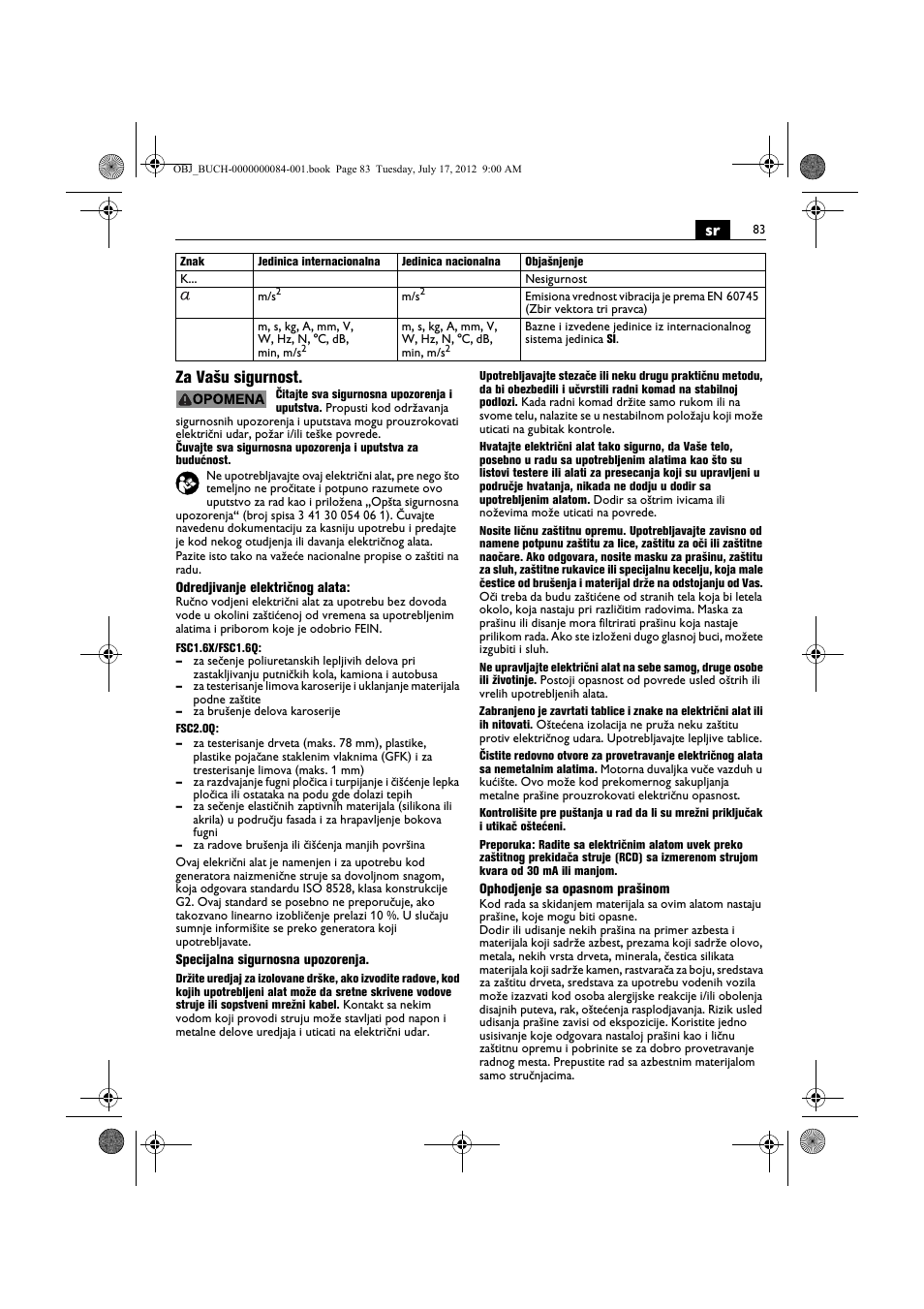 Sr za vašu sigurnost | Fein FSC 1.6 User Manual | Page 83 / 134