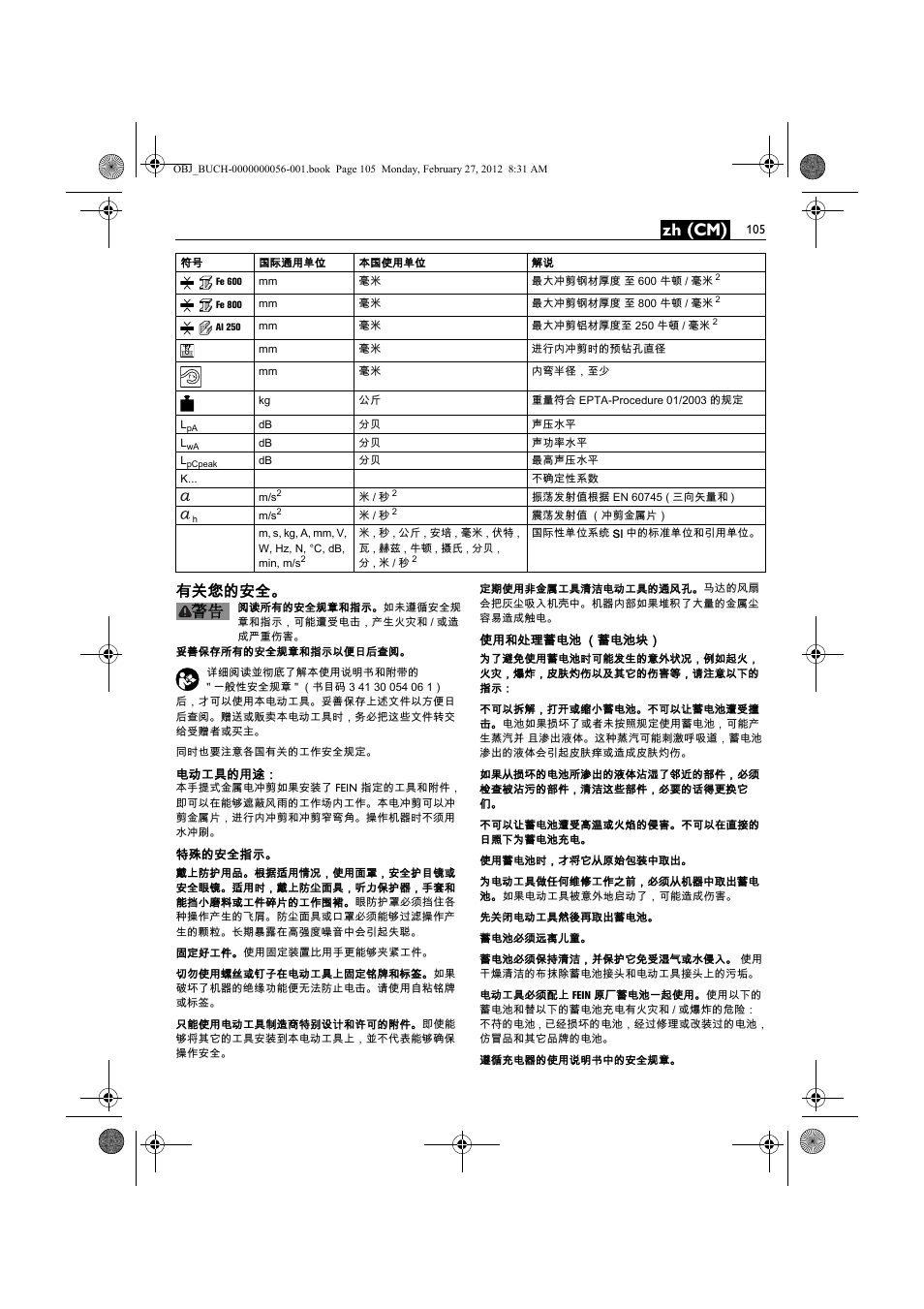 Zh (cm), 有关您的安全 | Fein ABLK 1.6 User Manual | Page 105 / 127