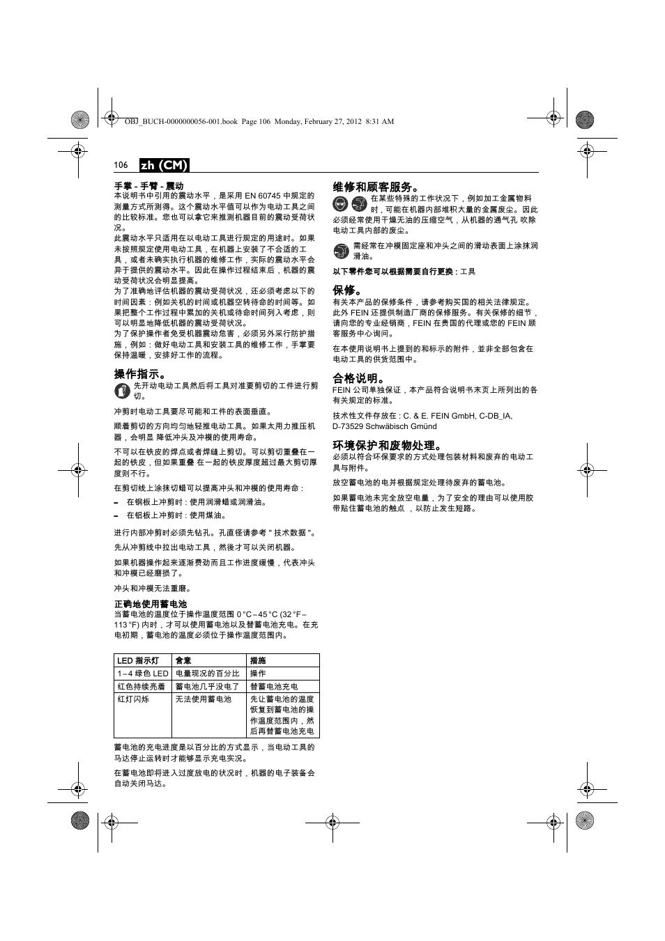 Zh (cm), 操作指示, 维修和顾客服务 | 合格说明, 环境保护和废物处理 | Fein ABLK 1.6 User Manual | Page 106 / 127