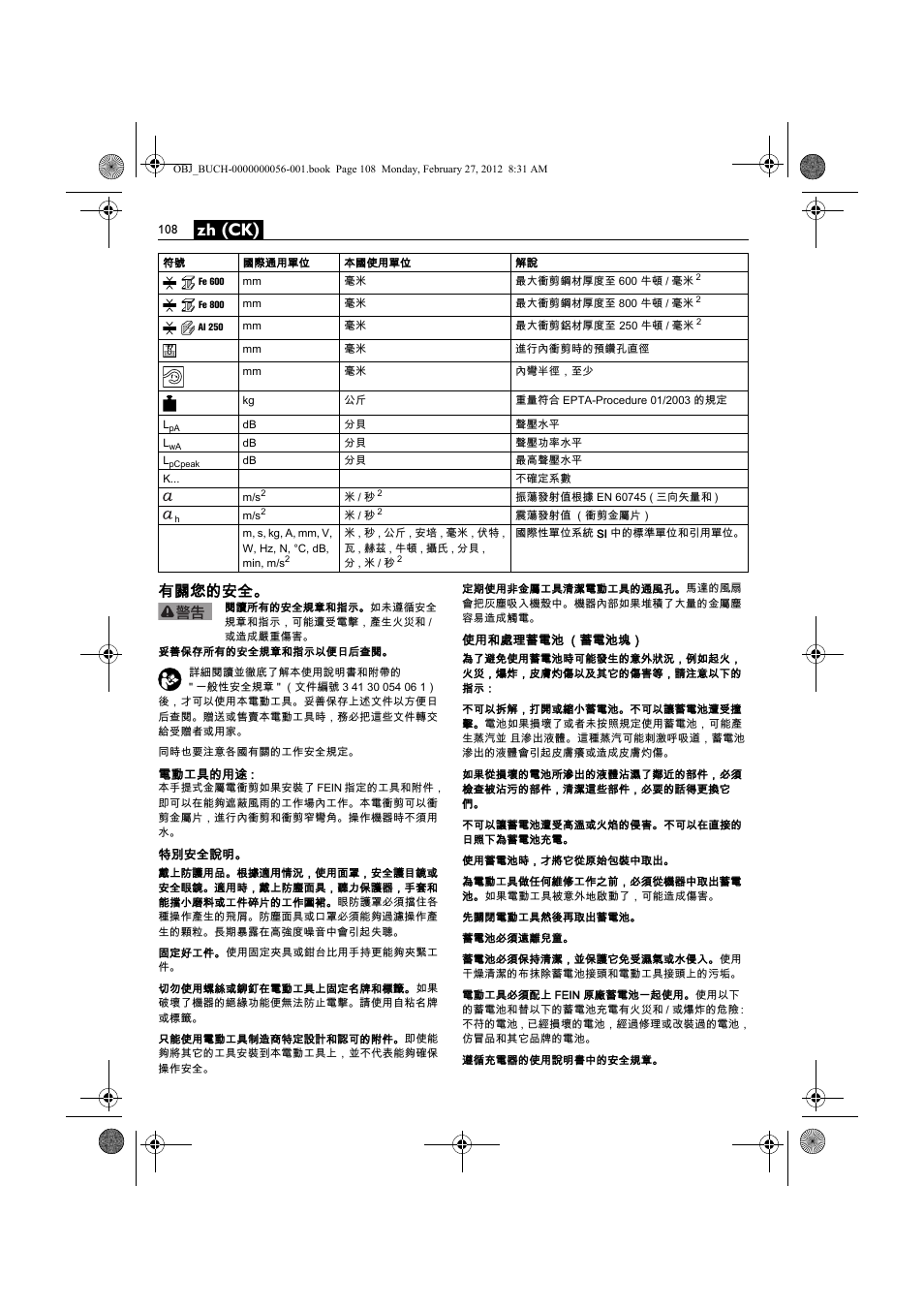 Zh (ck), 有關您的安全 | Fein ABLK 1.6 User Manual | Page 108 / 127