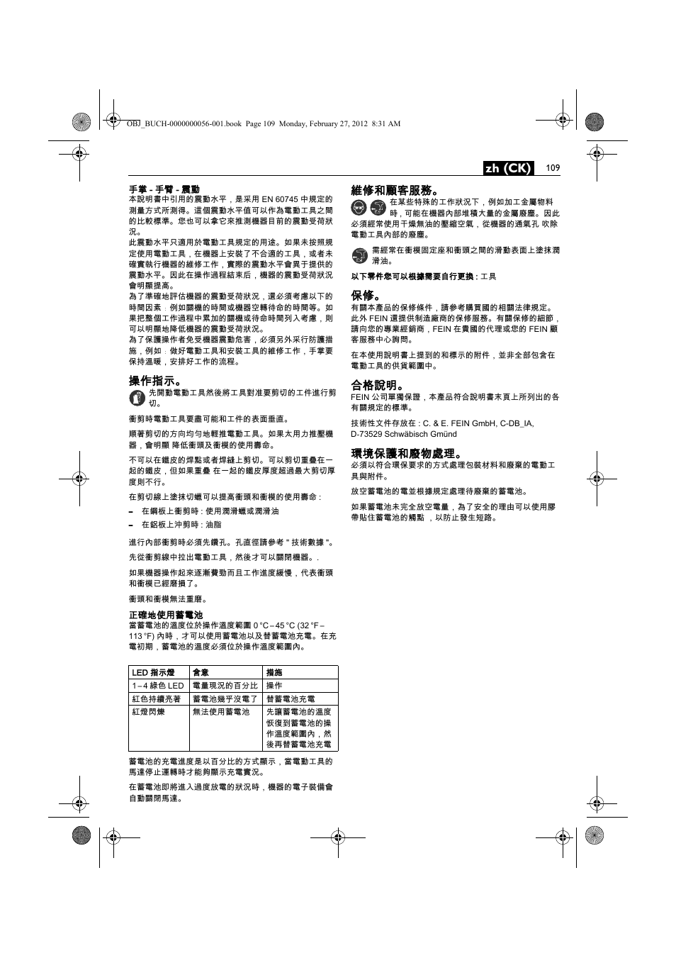 Zh (ck), 操作指示, 維修和顧客服務 | 合格說明, 環境保護和廢物處理 | Fein ABLK 1.6 User Manual | Page 109 / 127