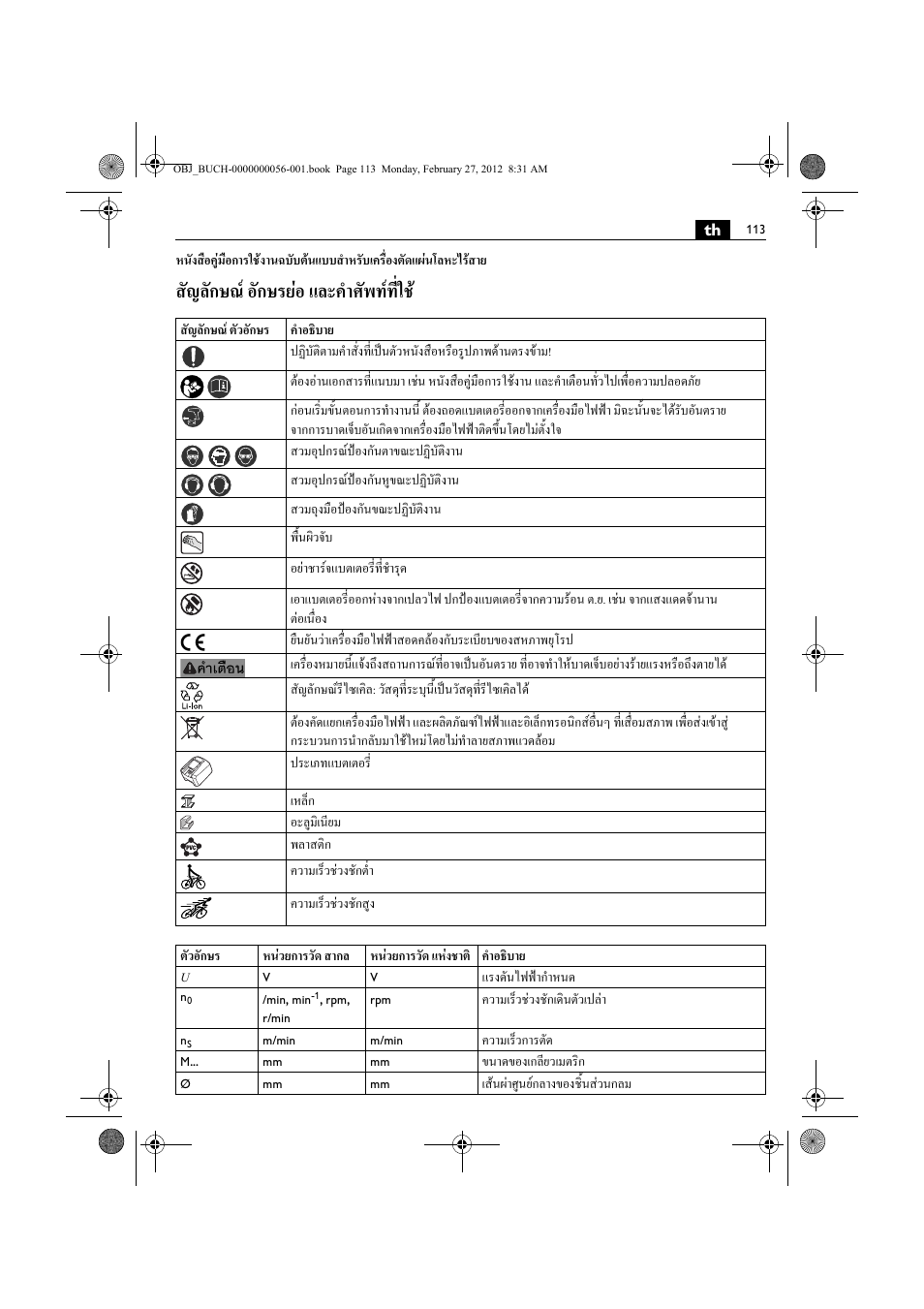 สัญลักษณ อักษรยอ และคําศัพทที่ใช | Fein ABLK 1.6 User Manual | Page 113 / 127