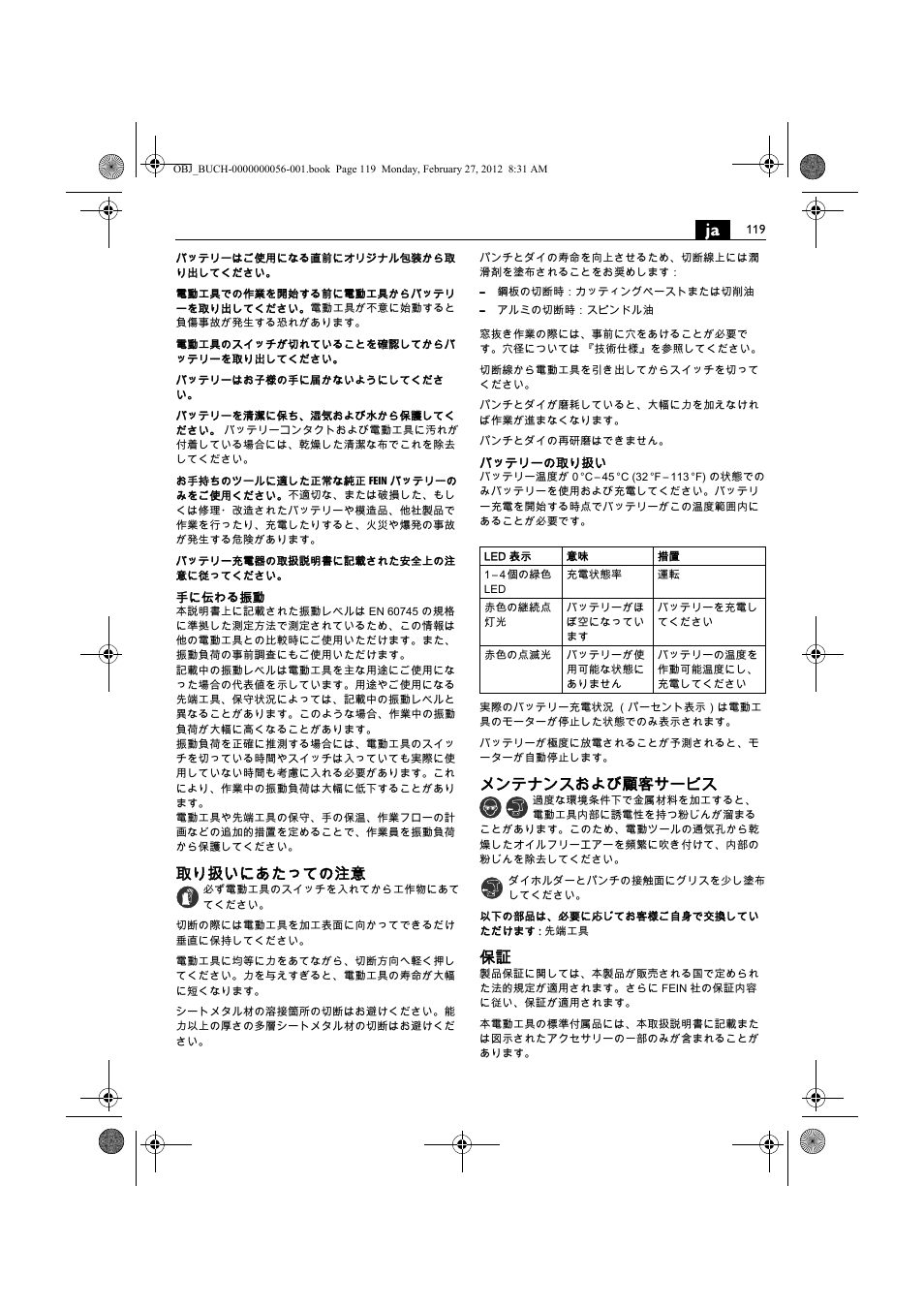 取り扱いにあたっての注意, メンテナンスおよび顧客サービス | Fein ABLK 1.6 User Manual | Page 119 / 127