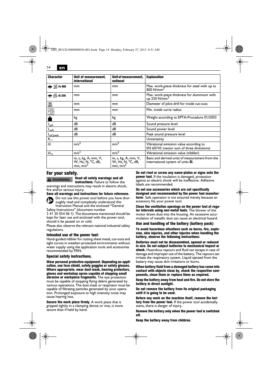 En for your safety | Fein ABLK 1.6 User Manual | Page 14 / 127