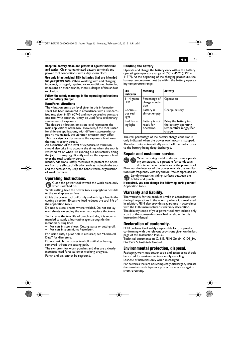 Operating instructions, Repair and customer service, Warranty and liability | Declaration of conformity, Environmental protection, disposal | Fein ABLK 1.6 User Manual | Page 15 / 127