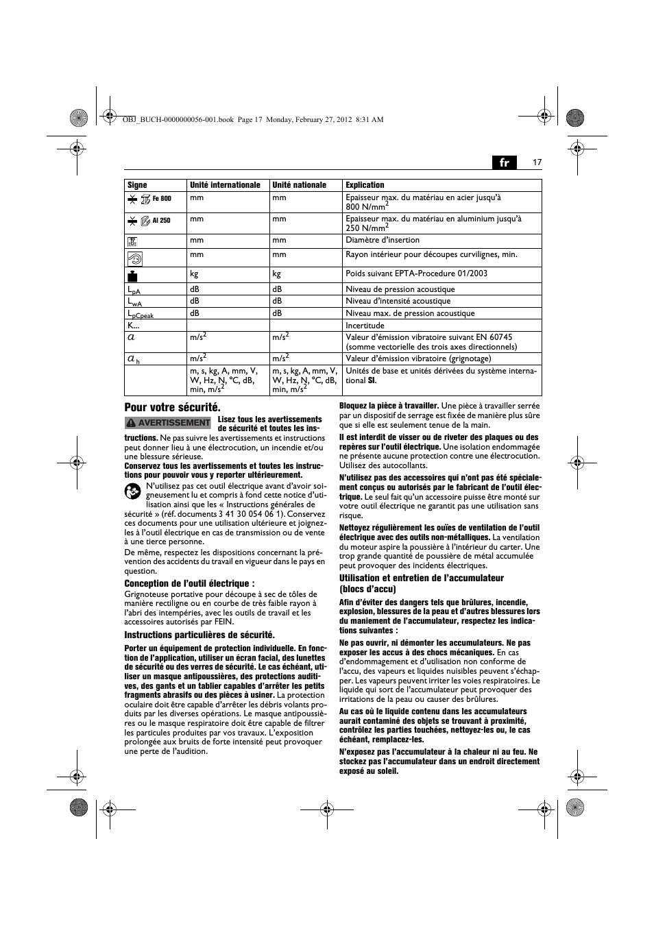 Fr pour votre sécurité | Fein ABLK 1.6 User Manual | Page 17 / 127
