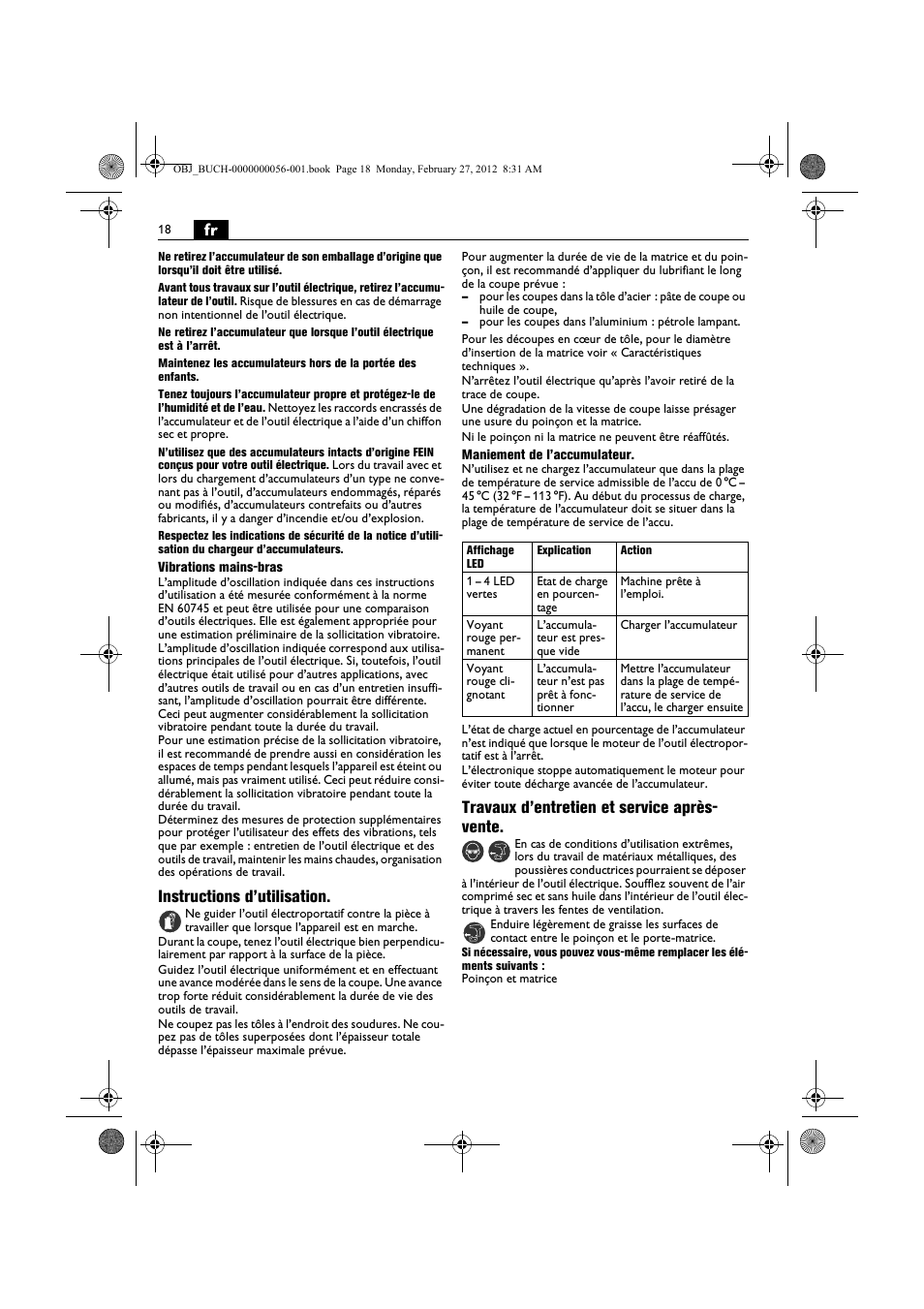 Instructions d’utilisation, Travaux d’entretien et service après- vente | Fein ABLK 1.6 User Manual | Page 18 / 127