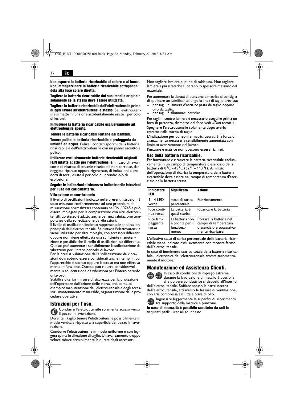 Istruzioni per l’uso, Manutenzione ed assistenza clienti | Fein ABLK 1.6 User Manual | Page 22 / 127