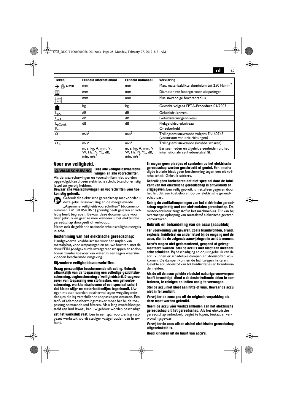 Nl voor uw veiligheid | Fein ABLK 1.6 User Manual | Page 25 / 127