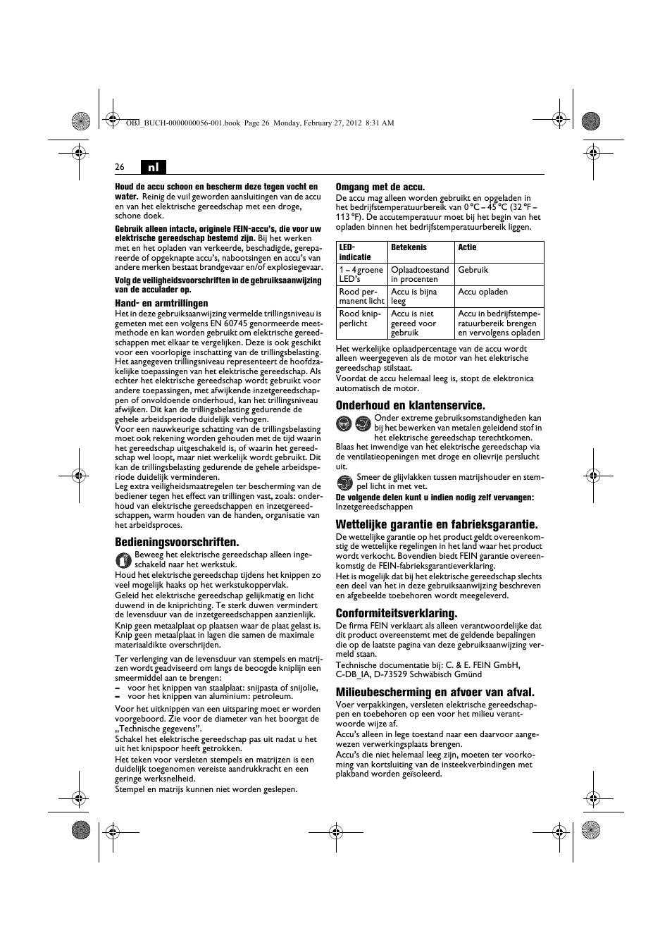 Bedieningsvoorschriften, Onderhoud en klantenservice, Wettelijke garantie en fabrieksgarantie | Conformiteitsverklaring, Milieubescherming en afvoer van afval | Fein ABLK 1.6 User Manual | Page 26 / 127