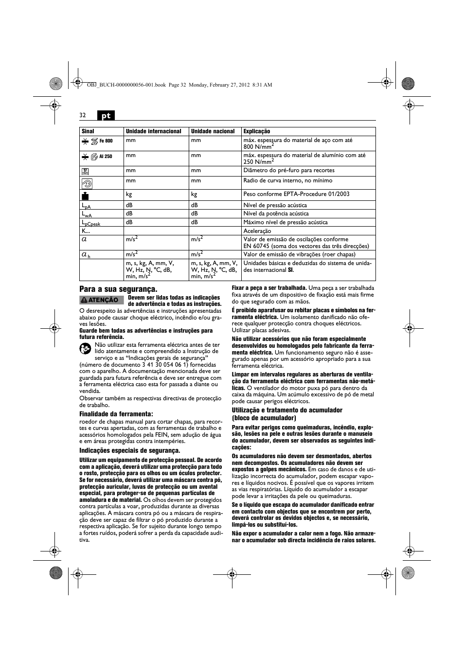 Pt para a sua segurança | Fein ABLK 1.6 User Manual | Page 32 / 127