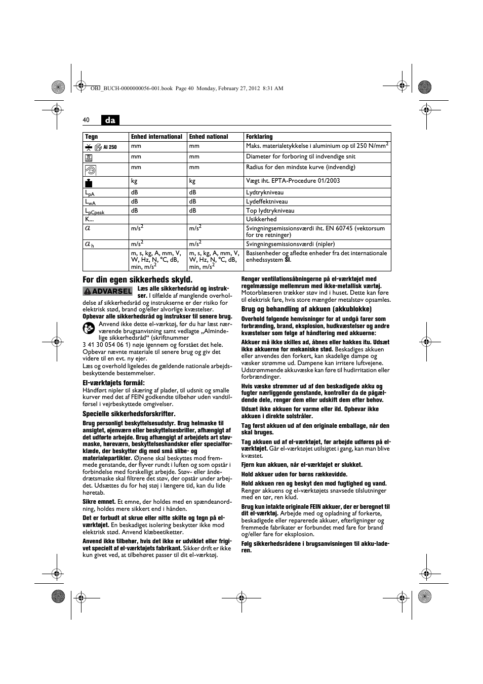 Da for din egen sikkerheds skyld | Fein ABLK 1.6 User Manual | Page 40 / 127