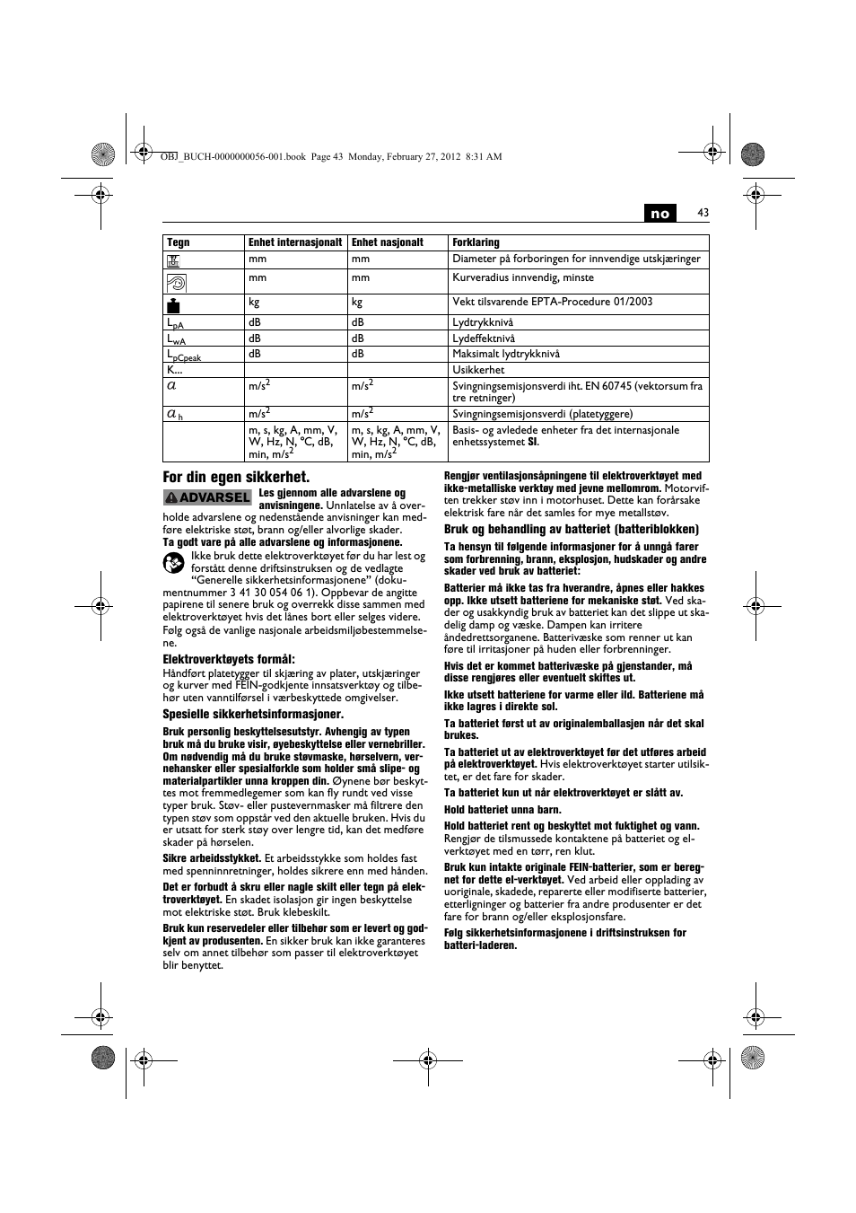 No for din egen sikkerhet | Fein ABLK 1.6 User Manual | Page 43 / 127