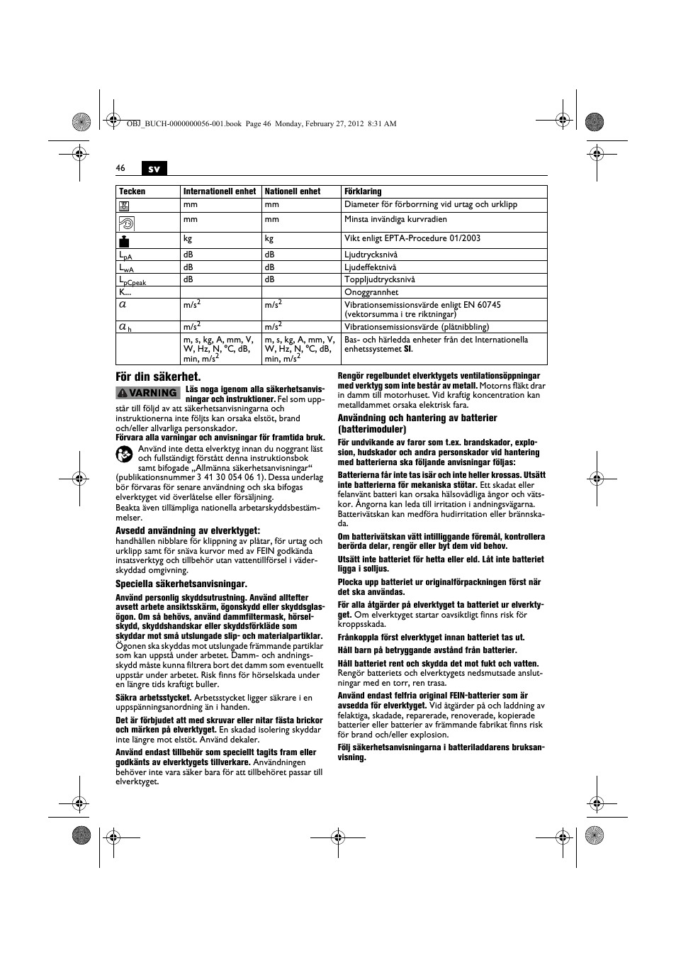 Sv för din säkerhet | Fein ABLK 1.6 User Manual | Page 46 / 127