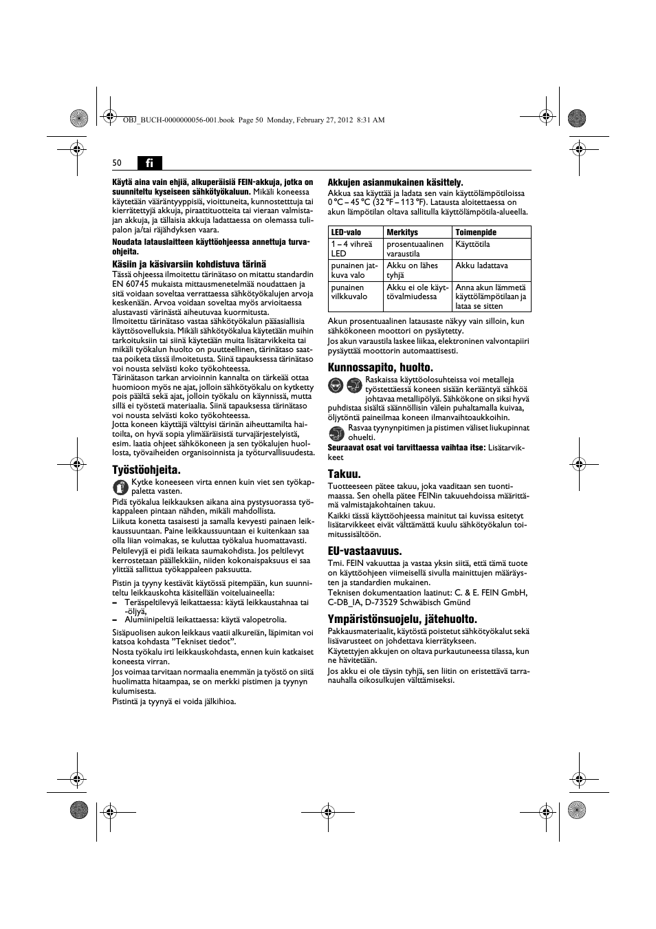 Työstöohjeita, Kunnossapito, huolto, Takuu | Eu-vastaavuus, Ympäristönsuojelu, jätehuolto | Fein ABLK 1.6 User Manual | Page 50 / 127