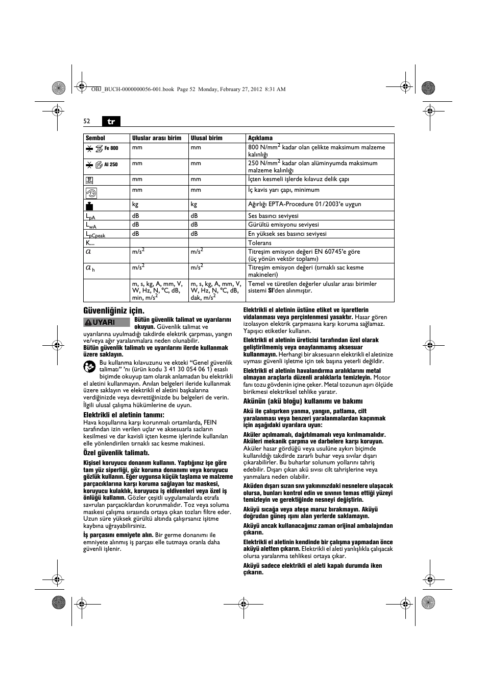 Tr güvenliğiniz için | Fein ABLK 1.6 User Manual | Page 52 / 127