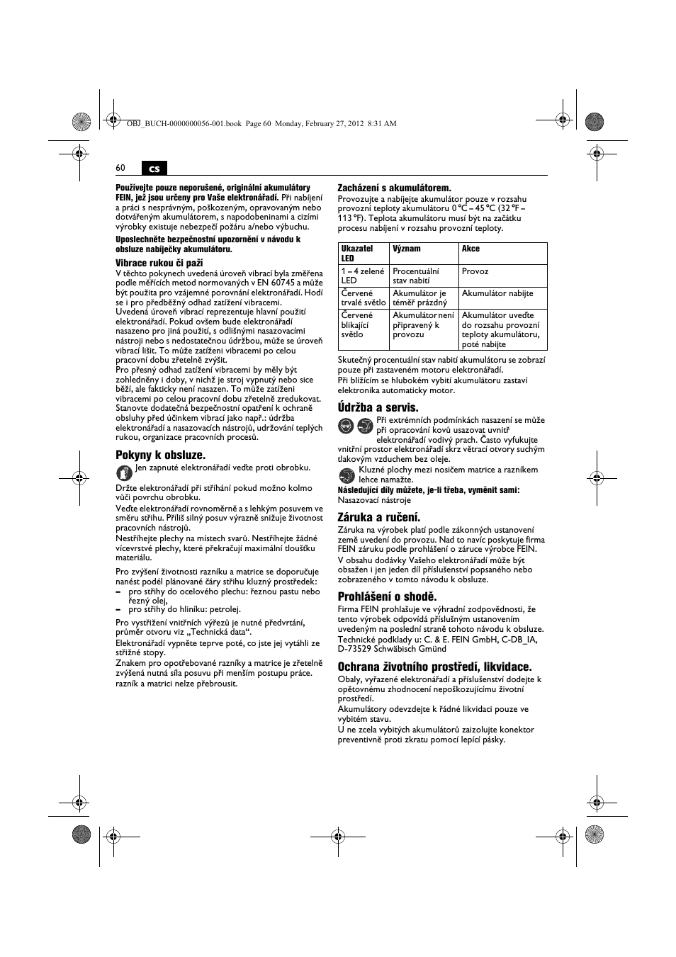 Pokyny k obsluze, Údržba a servis, Záruka a ručení | Prohlášení o shodě, Ochrana životního prostředí, likvidace | Fein ABLK 1.6 User Manual | Page 60 / 127