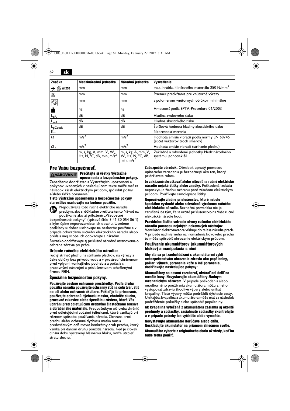 Sk pre vašu bezpečnosť | Fein ABLK 1.6 User Manual | Page 62 / 127