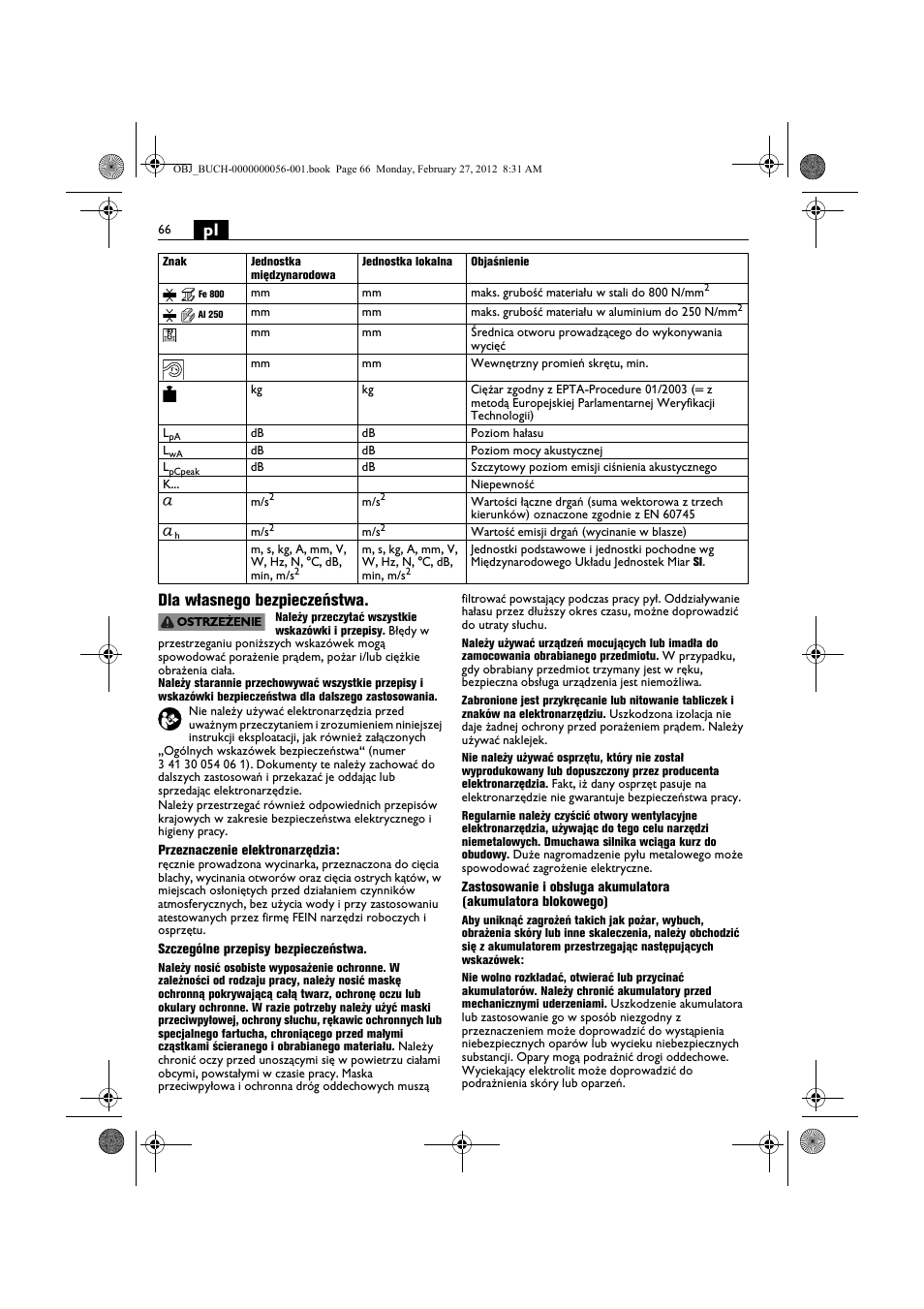 Pl dla własnego bezpieczeństwa | Fein ABLK 1.6 User Manual | Page 66 / 127