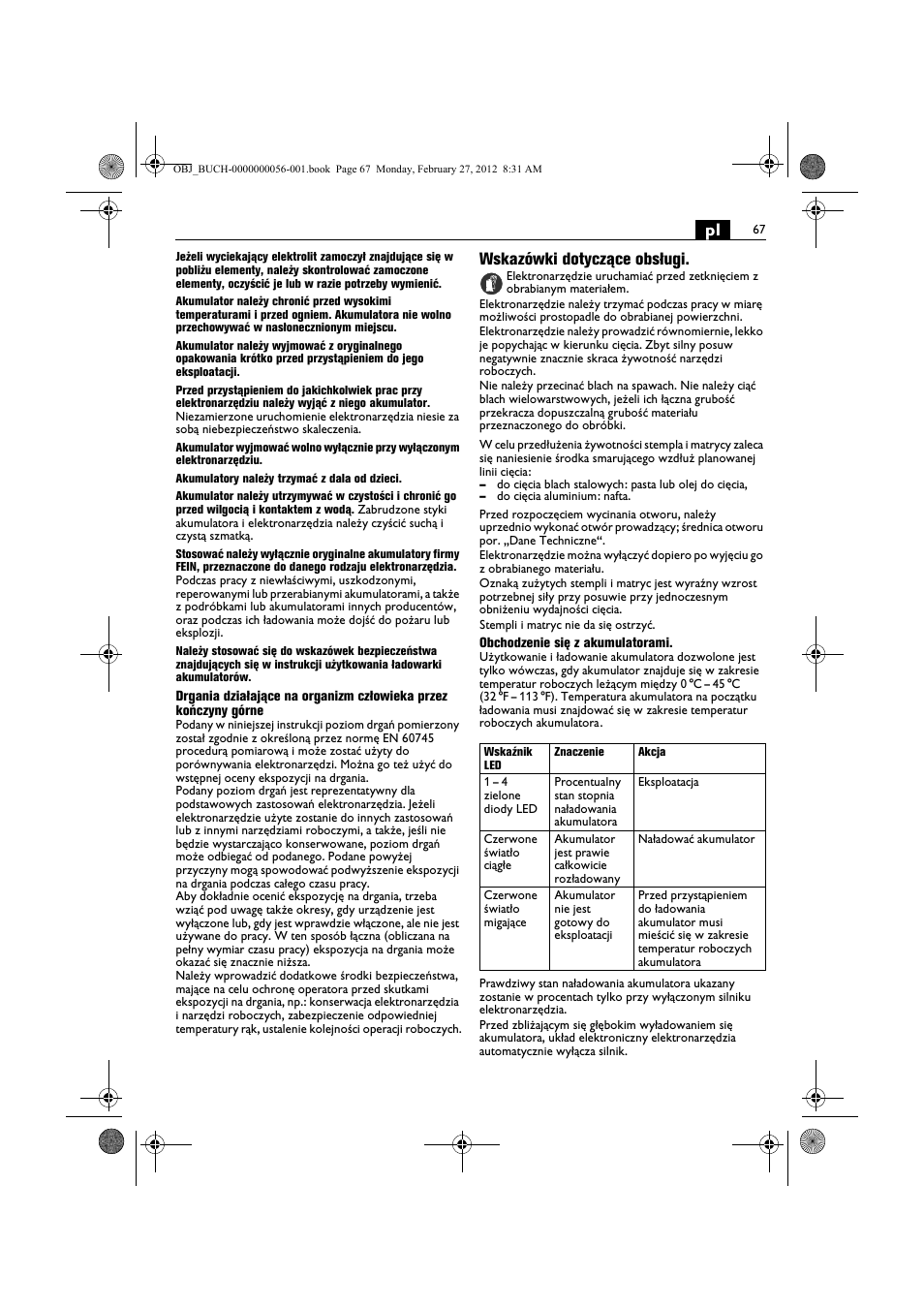 Wskazówki dotyczące obsługi | Fein ABLK 1.6 User Manual | Page 67 / 127