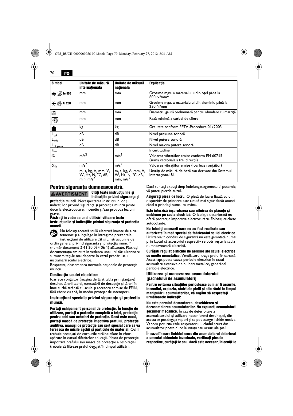 Ro pentru siguranţa dumneavoastră | Fein ABLK 1.6 User Manual | Page 70 / 127