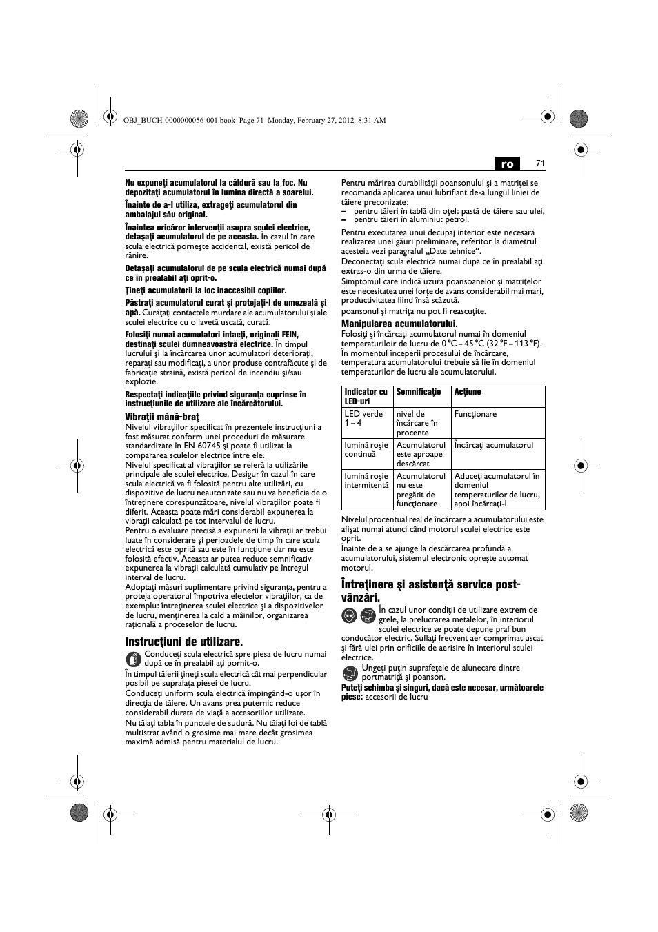 Instrucţiuni de utilizare, Întreţinere şi asistenţă service post- vânzări | Fein ABLK 1.6 User Manual | Page 71 / 127