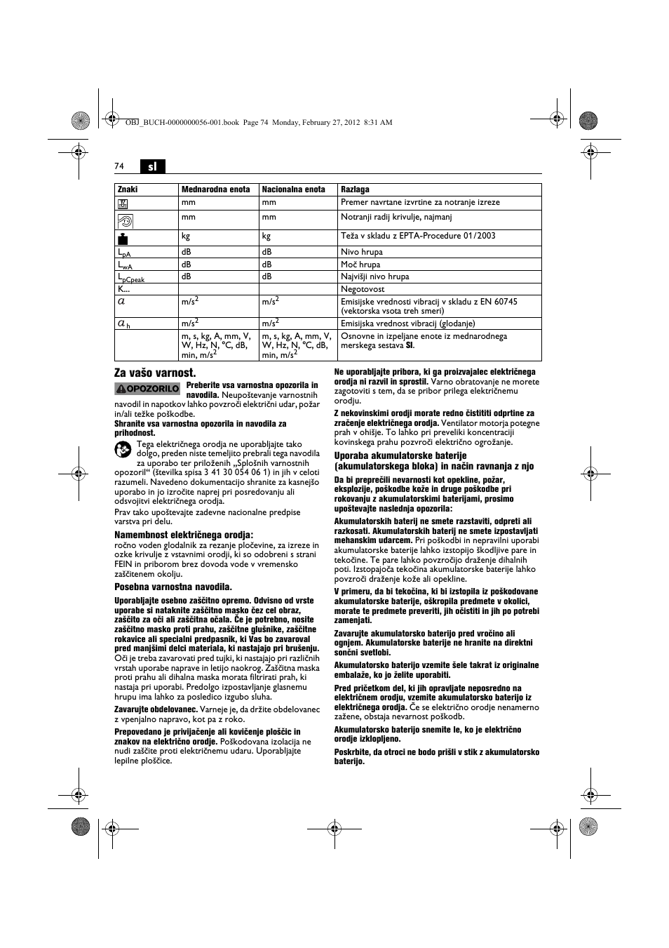 Sl za vašo varnost | Fein ABLK 1.6 User Manual | Page 74 / 127