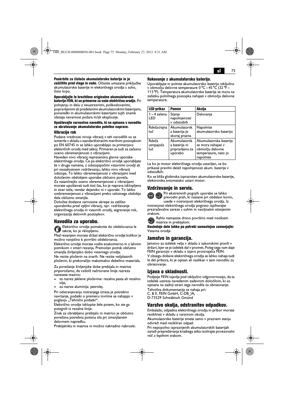 Navodila za uporabo, Vzdrževanje in servis, Jamstvo in garancija | Izjava o skladnosti, Varstvo okolja, odstranitev odpadkov | Fein ABLK 1.6 User Manual | Page 75 / 127